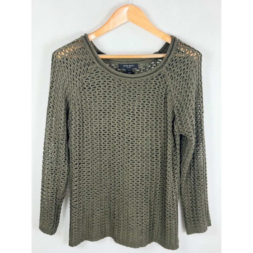 Nine West XL Open Knit Sweater Olive Green Lightweight Crochet Pullover Boho